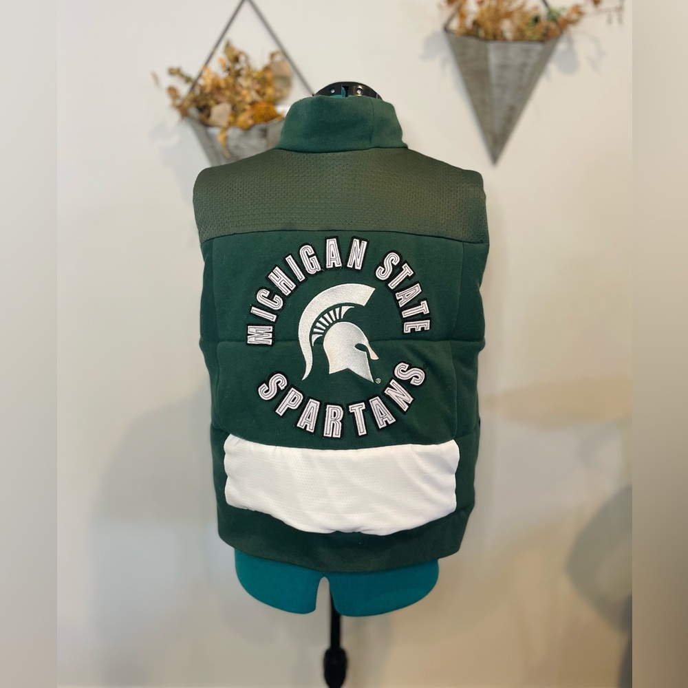 Michigan State Green and White Puffer Vest Upcycled Jersey